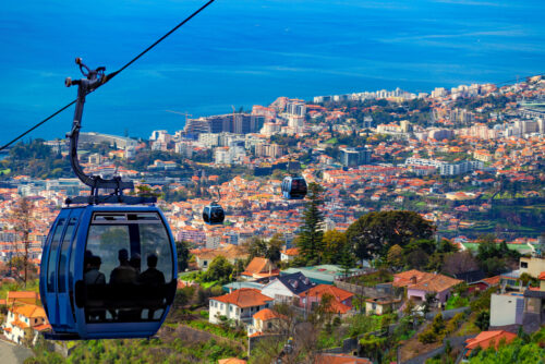 Luftbild von Funchal mit traditioneller Seilbahn über der Stadt, auf der Insel Madeira, Portugal